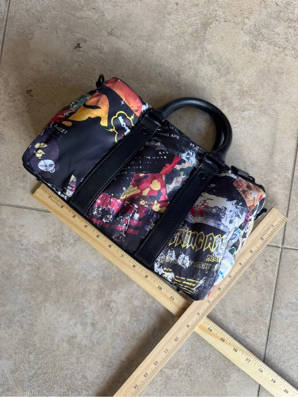 Men's Black Graphic Patchwork Duffel Bag with Leather Handles